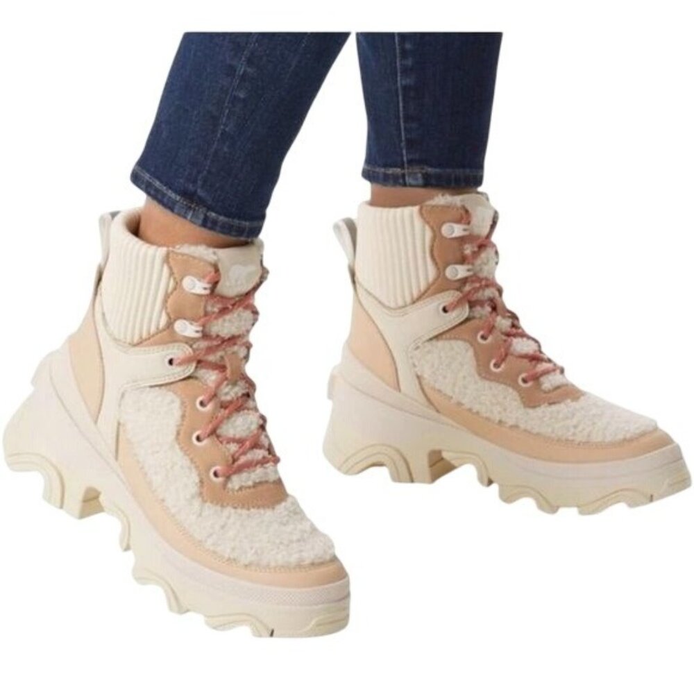 Sorel Brex Cozy Lace-Up Womens Boots Faux Fur Leather Beige Size 11